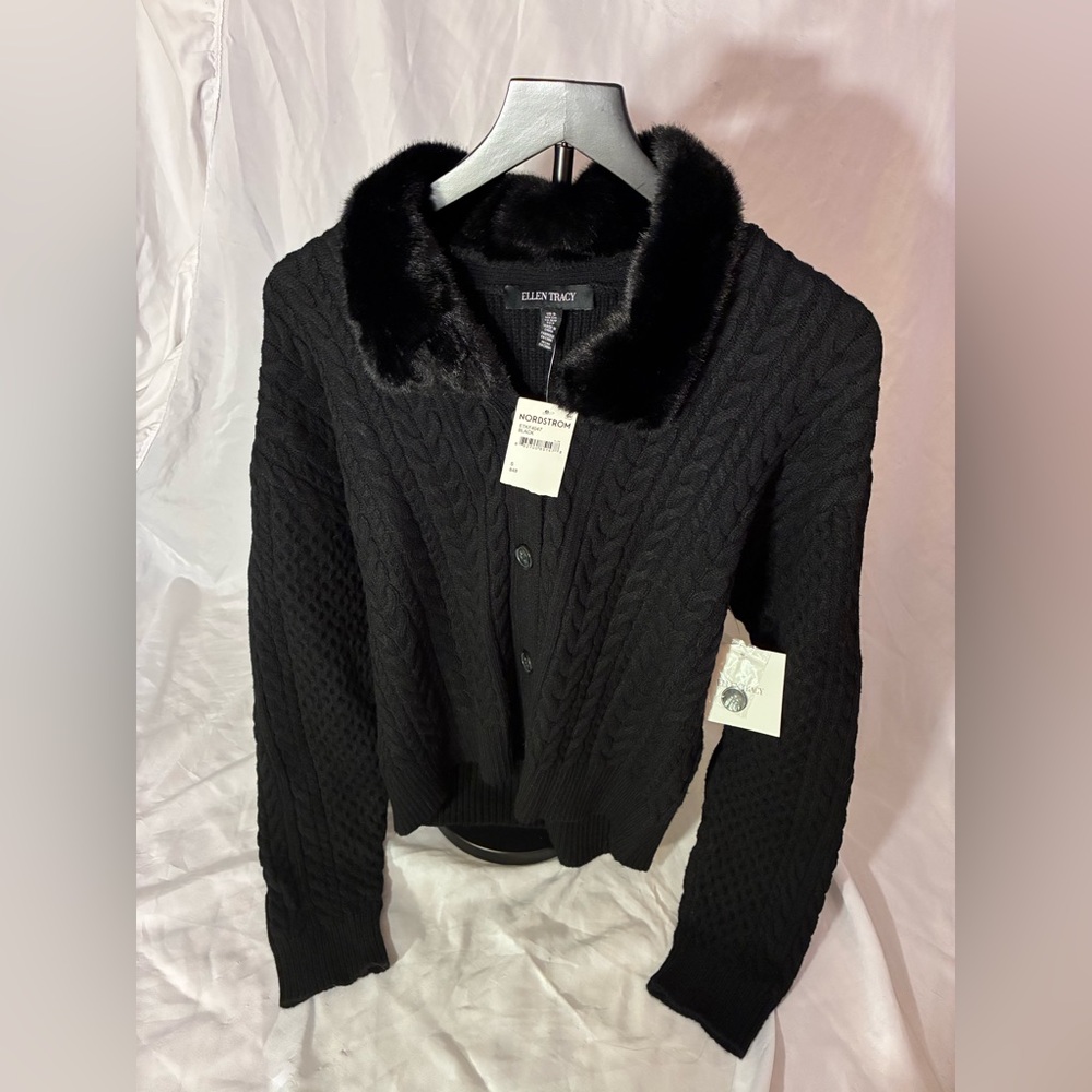 Ellen Tracy Black Knit Cardigan with Faux Fur